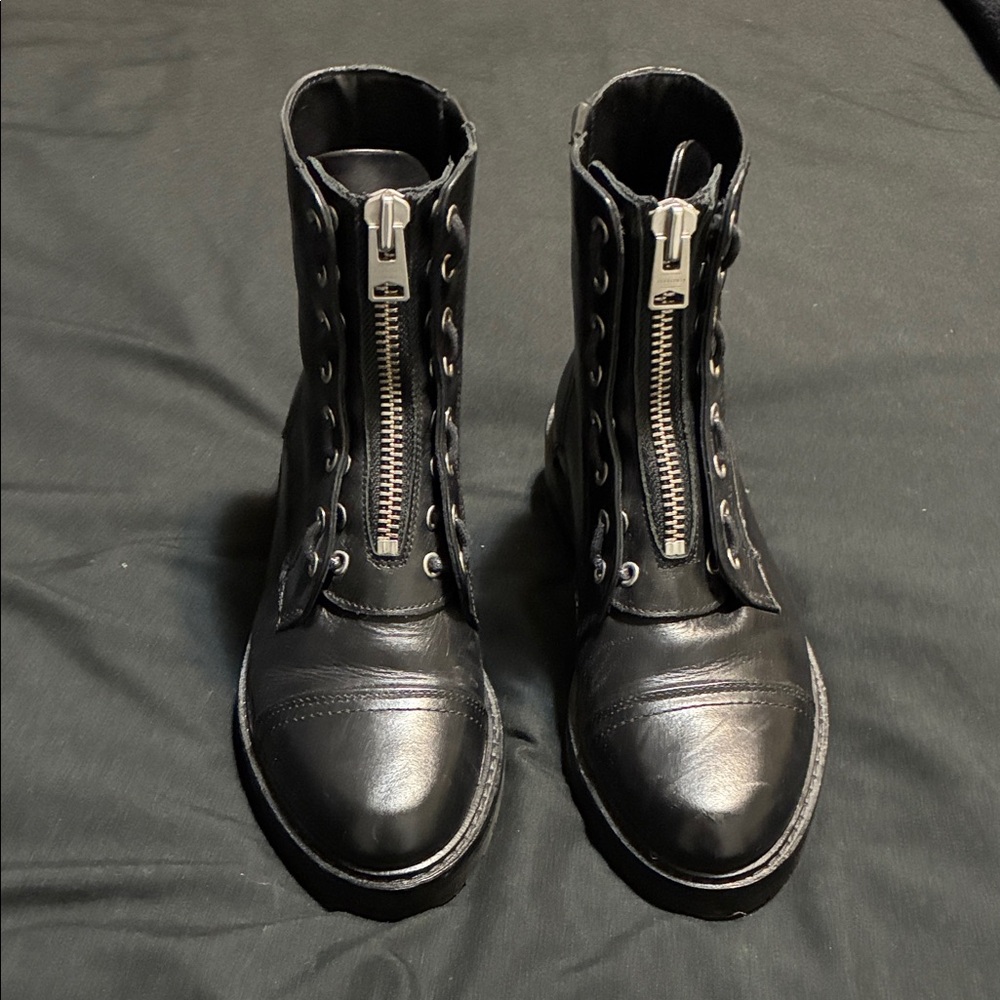AllSaints Black Leather Front-Zip Moto Combat Boots